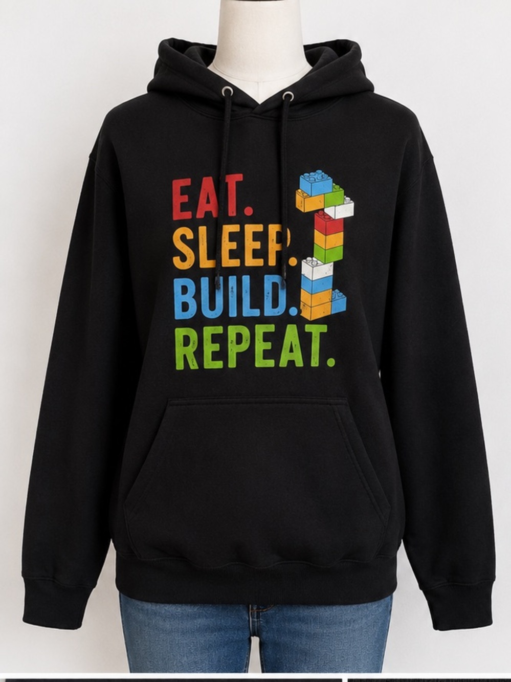 Eat Sleep Build Repeat LEGO Style Graphic Hoodie Black Medium